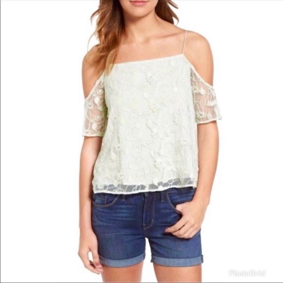 HINGE Lace Mesh Cold Shoulder‎ Tank Top Spaghetti Strap Mint Green Medium New - Picture 1 of 7